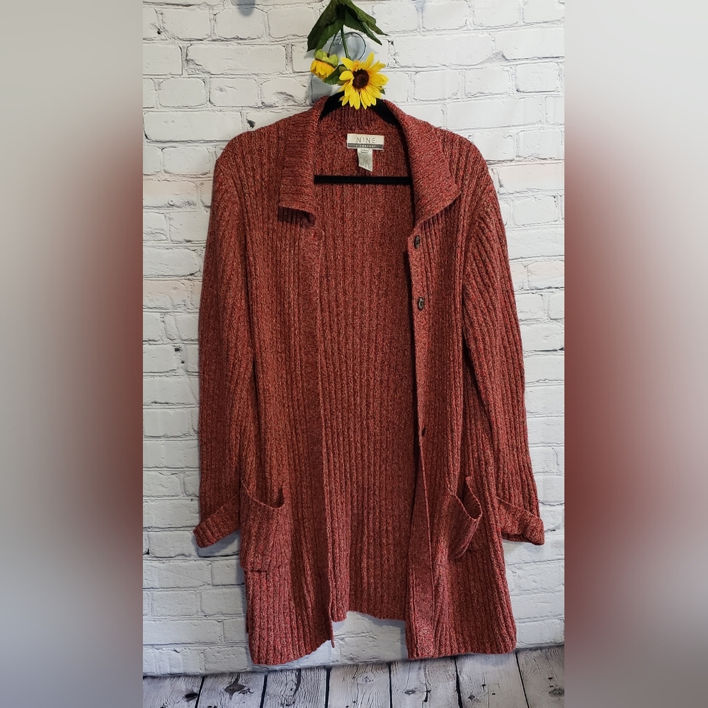 Nine & Company cardigan w/ pockets multicolor red tan black Sz L